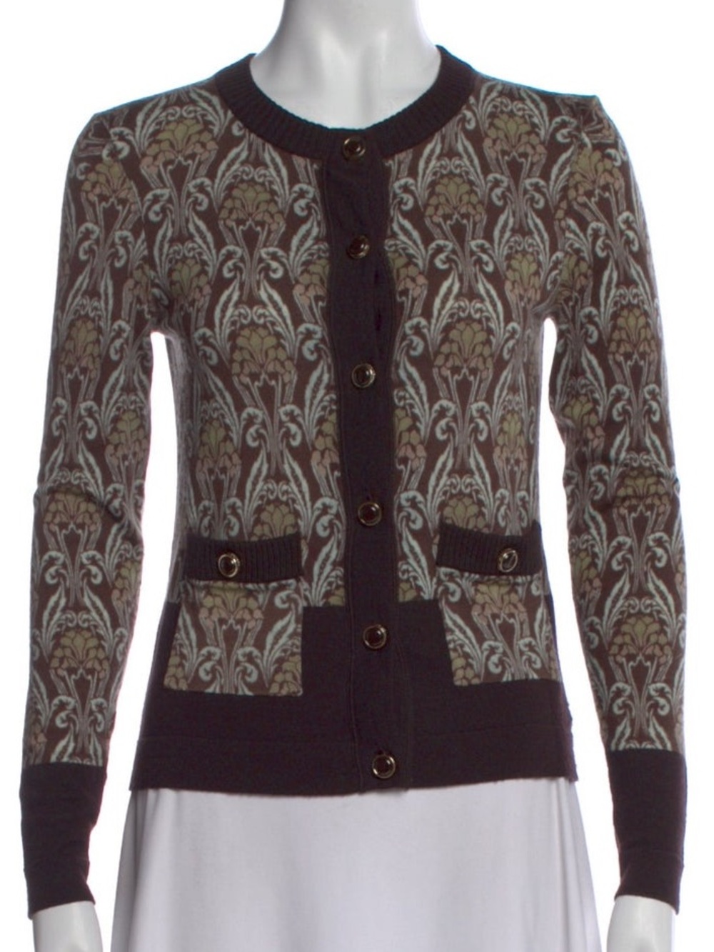 Tory Burch Merino Wool Patterned Cardigan Sweater Brown Green Size Small